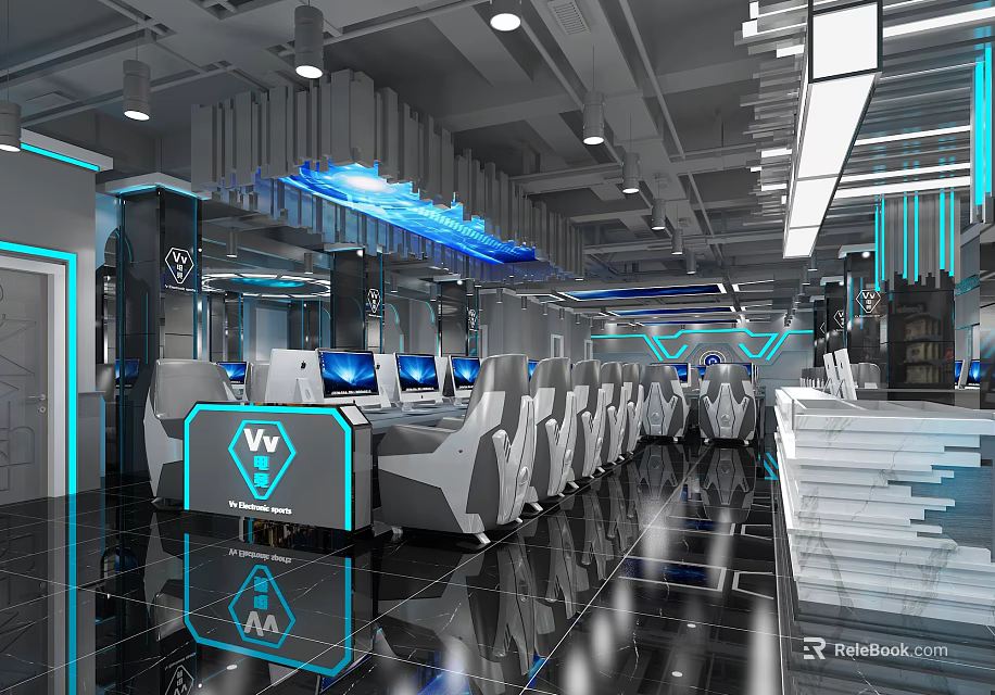 Modern Cyber Cafe With High Speed Computers Comfortable Seats And Futuristic Lighting 3d model 