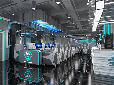 Modern Cyber Cafe With High Speed Computers Comfortable Seats And Futuristic Lighting 3d model