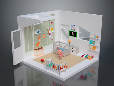 Cartoon Style Baby Nursery Room With Crib Colorful Toys Staircase Bookshelf And Wall Decorations 3d model