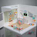 Cartoon Style Baby Nursery Room With Crib Colorful Toys Staircase Bookshelf And Wall Decorations