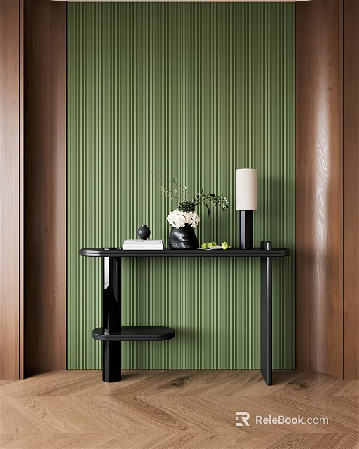 Elegant Console Table With Green Textured Wall Wooden Frames And Decorative Items 3d model