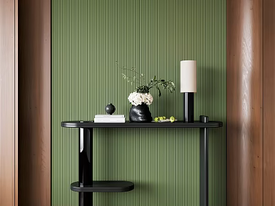 Elegant Console Table With Green Textured Wall Wooden Frames And Decorative Items 3d model