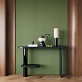 Elegant Console Table With Green Textured Wall Wooden Frames And Decorative Items 3d model