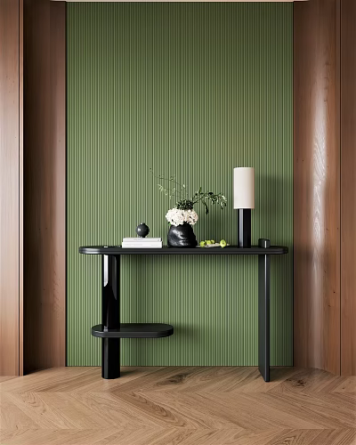 Elegant Console Table With Green Textured Wall Wooden Frames And Decorative Items 3d model