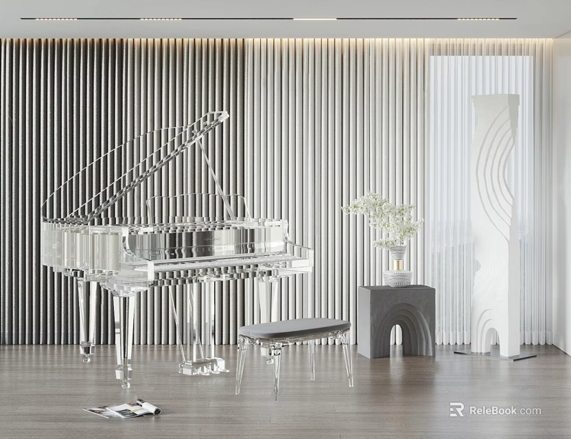 Elegant Transparent Piano And Artistic Elements In Modern Interior With Decorative Bench Vase And Sculpture 3d model 