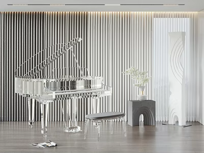 Elegant Transparent Piano And Artistic Elements In Modern Interior With Decorative Bench Vase And Sculpture 3d model