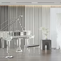 Elegant Transparent Piano And Artistic Elements In Modern Interior With Decorative Bench Vase And Sculpture