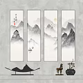 Traditional Chinese Landscape Painting With Misty Mountains Flying Birds And Sun
