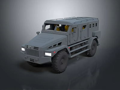 Grey Armored Functional Vehicle With Robust Tires And Illuminated Lights 3d model