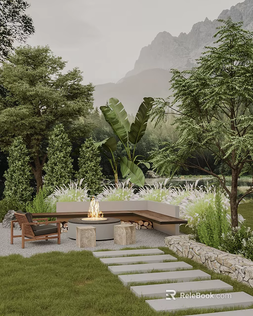 Lush Outdoor Garden With Fire Pit Seating Area And Green Trees Plants 3d model 