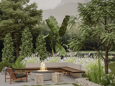 Lush Outdoor Garden With Fire Pit Seating Area And Green Trees Plants 3d model