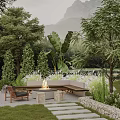 Lush Outdoor Garden With Fire Pit Seating Area And Green Trees Plants