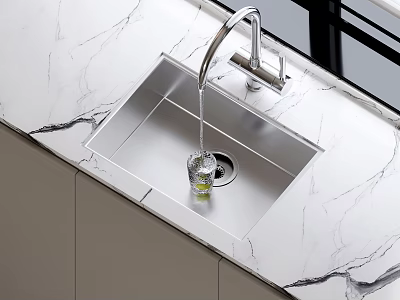 Modern Kitchen Faucet With Running Water Over Stainless Steel Sink On White Marble Countertop 3d model
