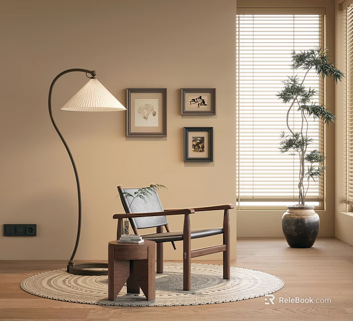 Accent Chair In Modern Living Room With Floor Lamp Wall Art Rug And Potted Plant 3d model 