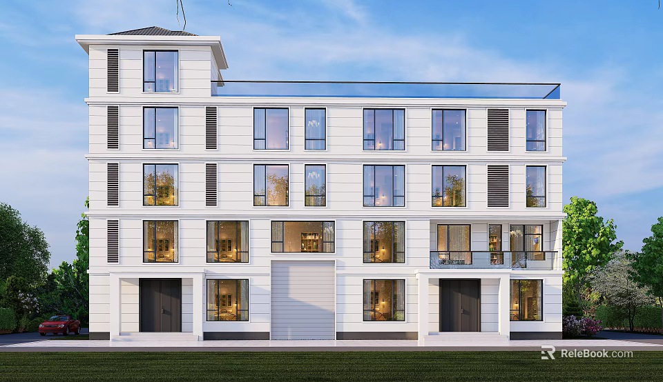 Modern Detached Villa Exterior With Multiple Floors Large Windows And Front Lawn 3d model 