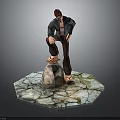 Man in green jacket brown pants standing one foot on rock on hexagonal cracked platform