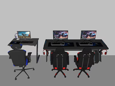 Modern Gaming Desk Setup With Multiple Screens Ergonomic Chairs And Laptops 3d model