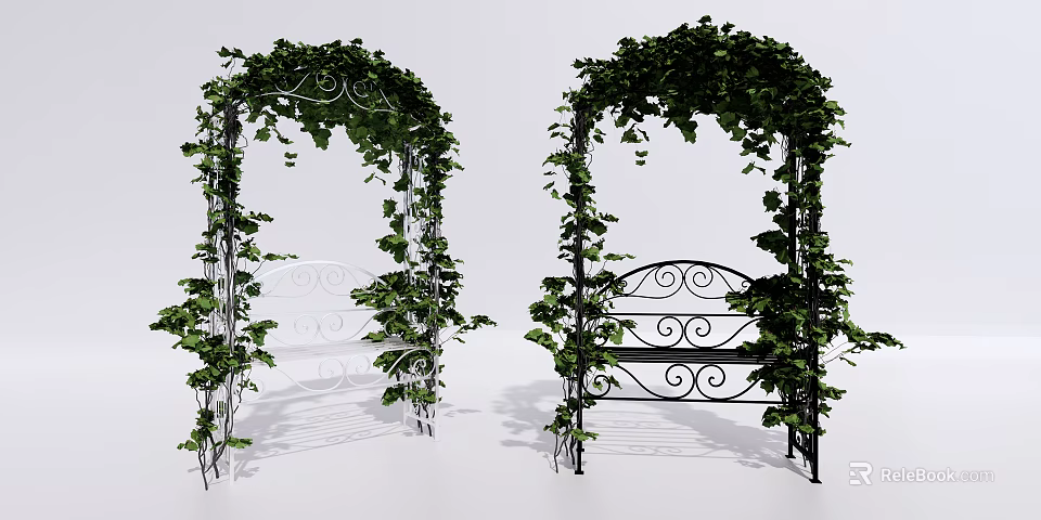 Outdoor Iron Chair With Curved Design Under Vine Covered Arbor 3d model 