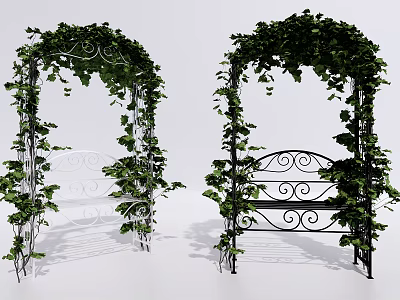 Outdoor Iron Chair With Curved Design Under Vine Covered Arbor 3d model