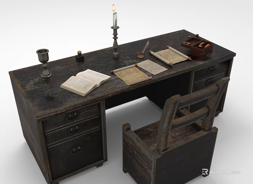 Vintage Wooden Desk And Chair With Open Book Candle Holder Inkwell And Papers 3d model 