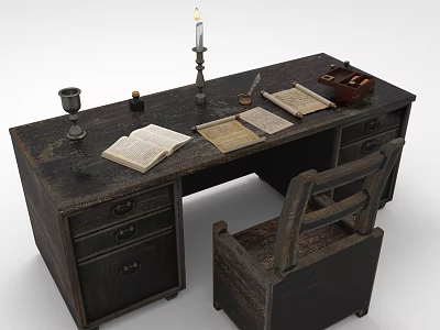 Vintage Wooden Desk And Chair With Open Book Candle Holder Inkwell And Papers 3d model