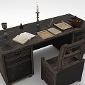 Vintage Wooden Desk And Chair With Open Book Candle Holder Inkwell And Papers