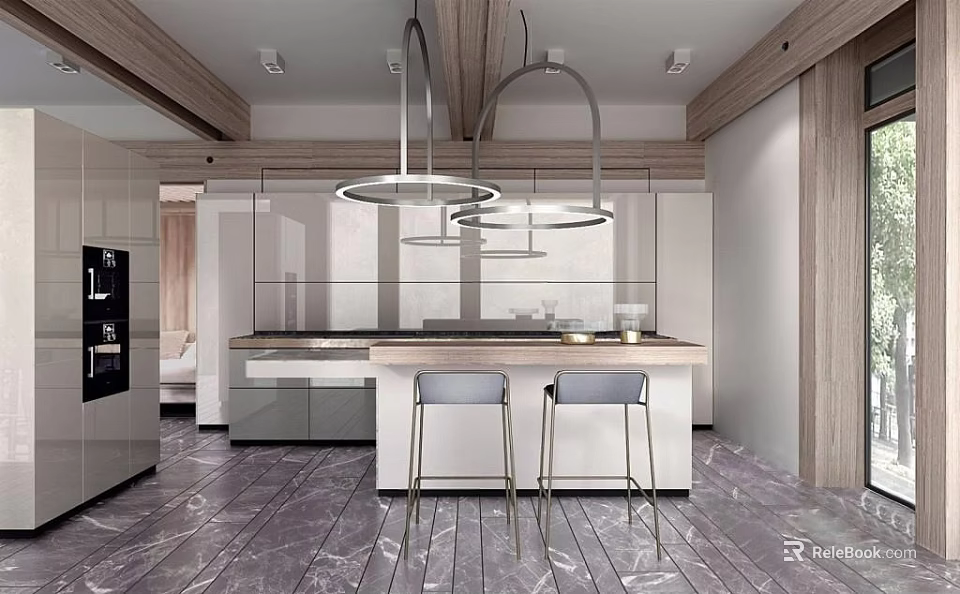 Modern Kitchen Interior Design With Island Counter Hanging Pendant Lights Marble Floor And White Cabinets 3d model 