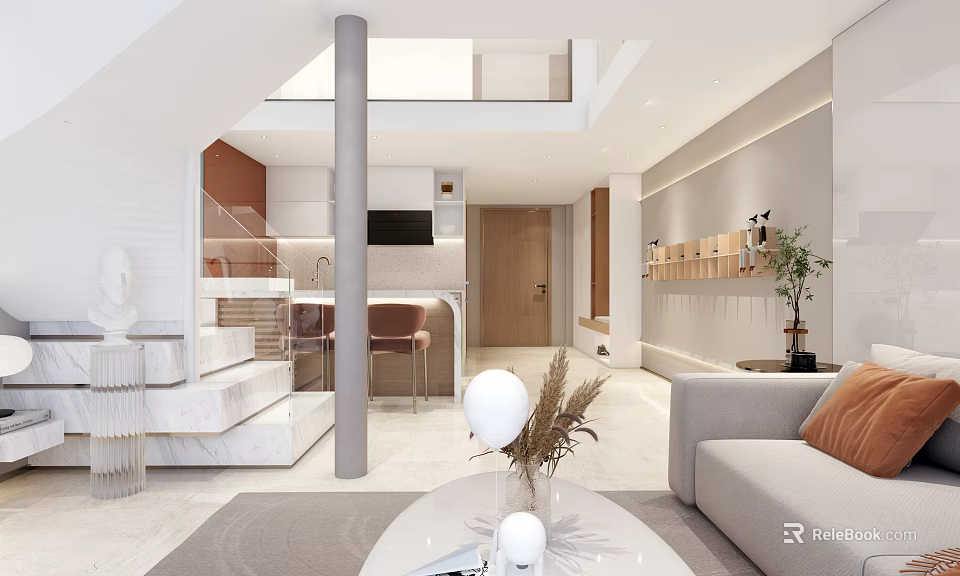 Modern Loft Living Room With Sofa Staircase And Coffee Table 3d model 