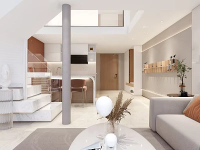 Modern Loft Living Room With Sofa Staircase And Coffee Table 3d model
