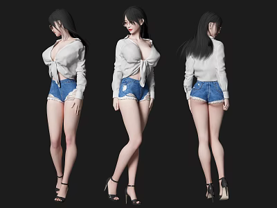 Woman in white cardigan blue denim shorts with black high heels long hair different angles 3d model