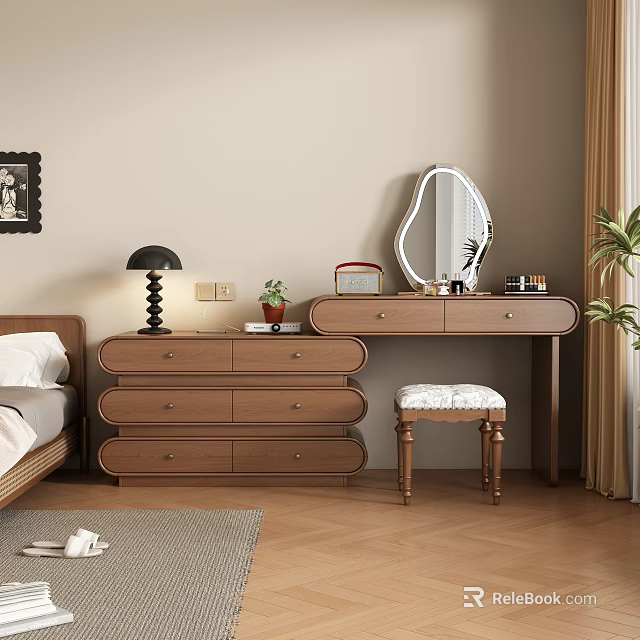 Modern Wooden Dressing Table with Oval Mirror Black Lamp and Upholstered Stool in Cozy Bedroom 3d model 