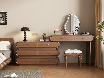 Modern Wooden Dressing Table with Oval Mirror Black Lamp and Upholstered Stool in Cozy Bedroom 3d model