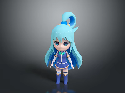 Cute Anime Style Cartoon Character With Long Blue Hair Ponytail And Blue Outfit 3d model