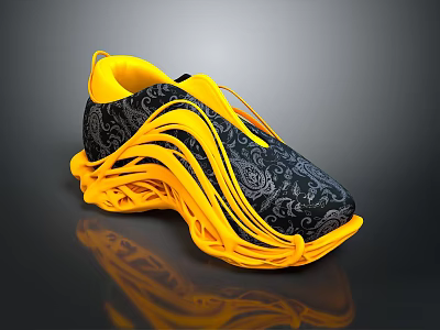 Stylish Yellow And Black Shoes With Wave Like Sole And Paisley Patterned Upper 3d model