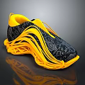 Stylish Yellow And Black Shoes With Wave Like Sole And Paisley Patterned Upper