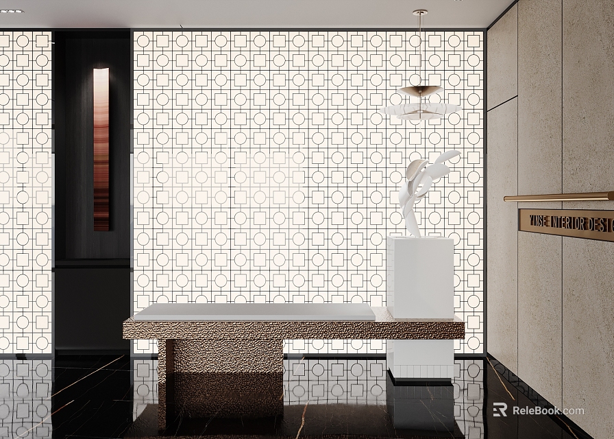 Modern Elegant Front Desk Reception With Perforated Screen Marble Countertop Sculpture Chandelier And Metal Decor 3d model 