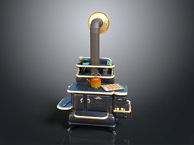 Antique Cast Iron Stove With Multi Tiered Structure Chimney Pipe And Brass Decorative Details 3d model