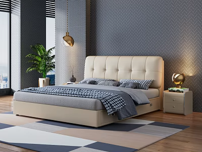 Double Bed With Upholstered Headboard Gray Blue Checkered Quilt Nightstands Lamps Green Plant Geometric Wall 3d model