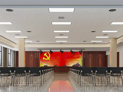 Spacious Conference Room Interior With Red Backdrop Party Emblem Wooden Walls Seats And Ceiling Lighting 3d model
