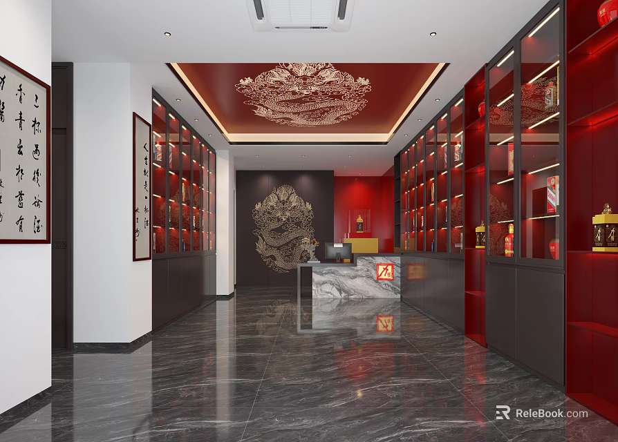 Chinese Style Reception Hall With Red Cabinets Golden Chandelier Decorative Art And Marble Floor 3d model 