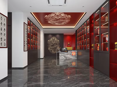 Chinese Style Reception Hall With Red Cabinets Golden Chandelier Decorative Art And Marble Floor 3d model