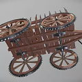 Ancient War Chariot Featuring Wooden Structure Spikes Large Wheels And Jars