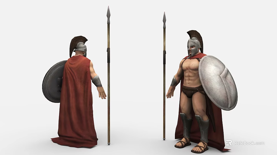Muscular Spartan Warrior Game Movie Character With Helmet Shield Spear And Red Cape 3d model 