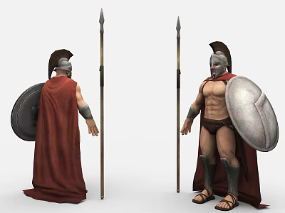 Muscular Spartan Warrior Game Movie Character With Helmet Shield Spear And Red Cape 3d model