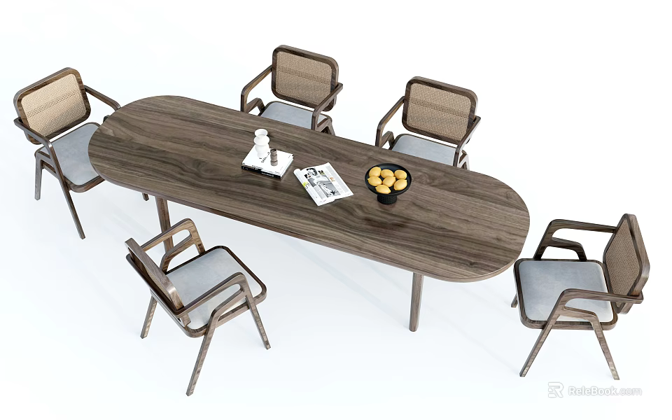 Modern Wooden Oval Dining Table With Six Woven Back Chairs And Gray Cushions 3d model 