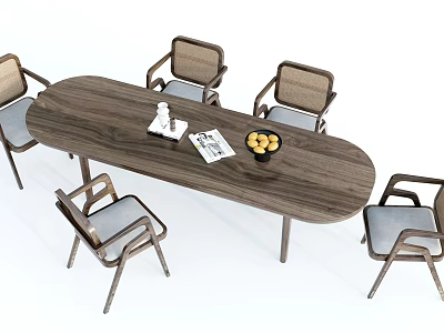 Modern Wooden Oval Dining Table With Six Woven Back Chairs And Gray Cushions 3d model