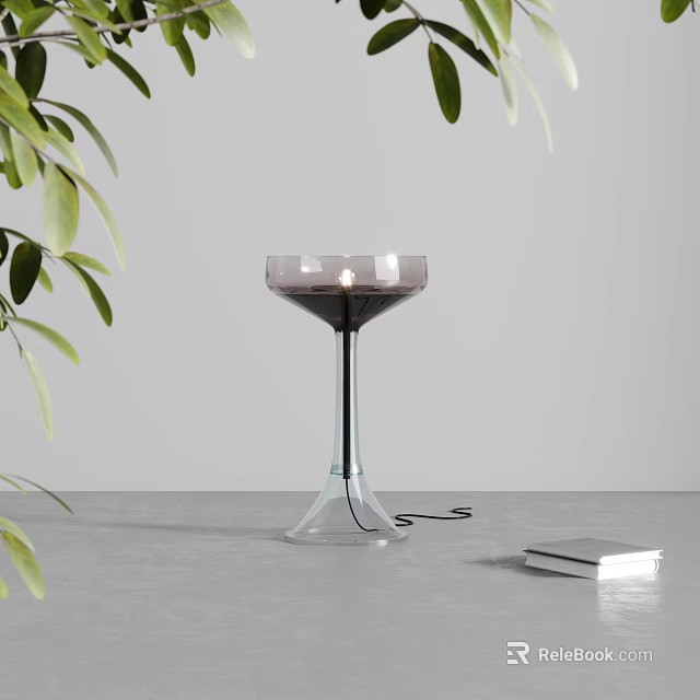 Transparent Glass Table Lamp With Wine Glass Inspired Smoky Gray Shade And Green Leaves 3d model 