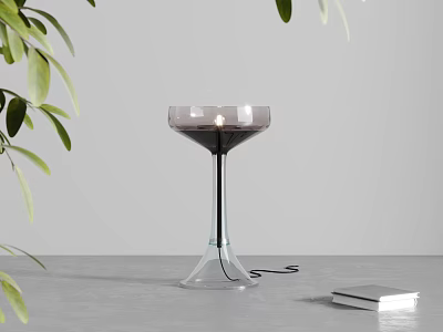Transparent Glass Table Lamp With Wine Glass Inspired Smoky Gray Shade And Green Leaves 3d model