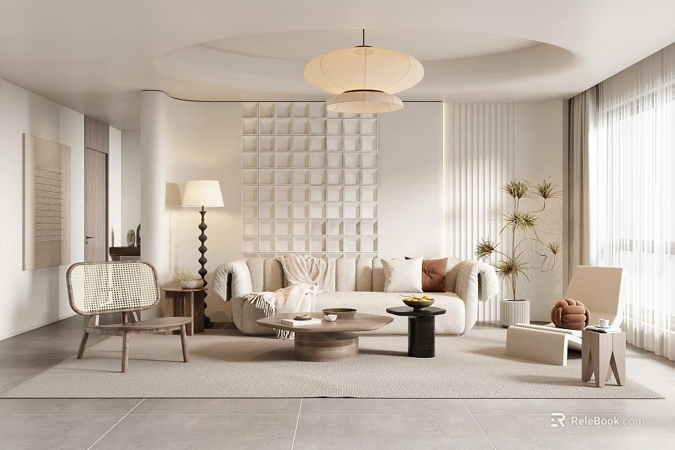 Modern Living Room Interior Design With Sofa Chair Coffee Table Geometric Wall And Floor Lamp 3d model 