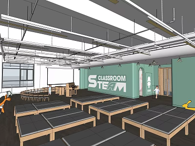 Spacious Kindergarten STEAM Classroom Interior With Green Walls And Wooden Tables And Chairs 3d model
